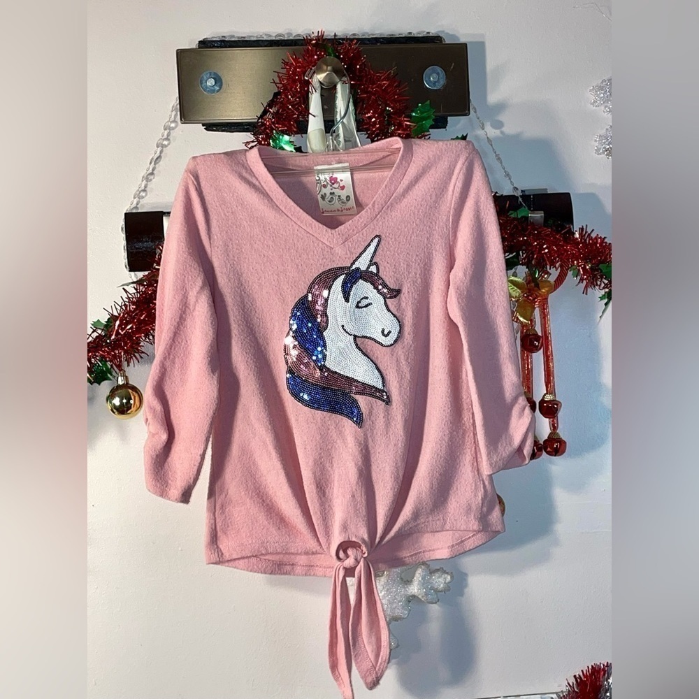 Jenna & Jessie’s Unicorn Flip Sequined Sleeved Long Sleeved Tee Girls Small 7/8